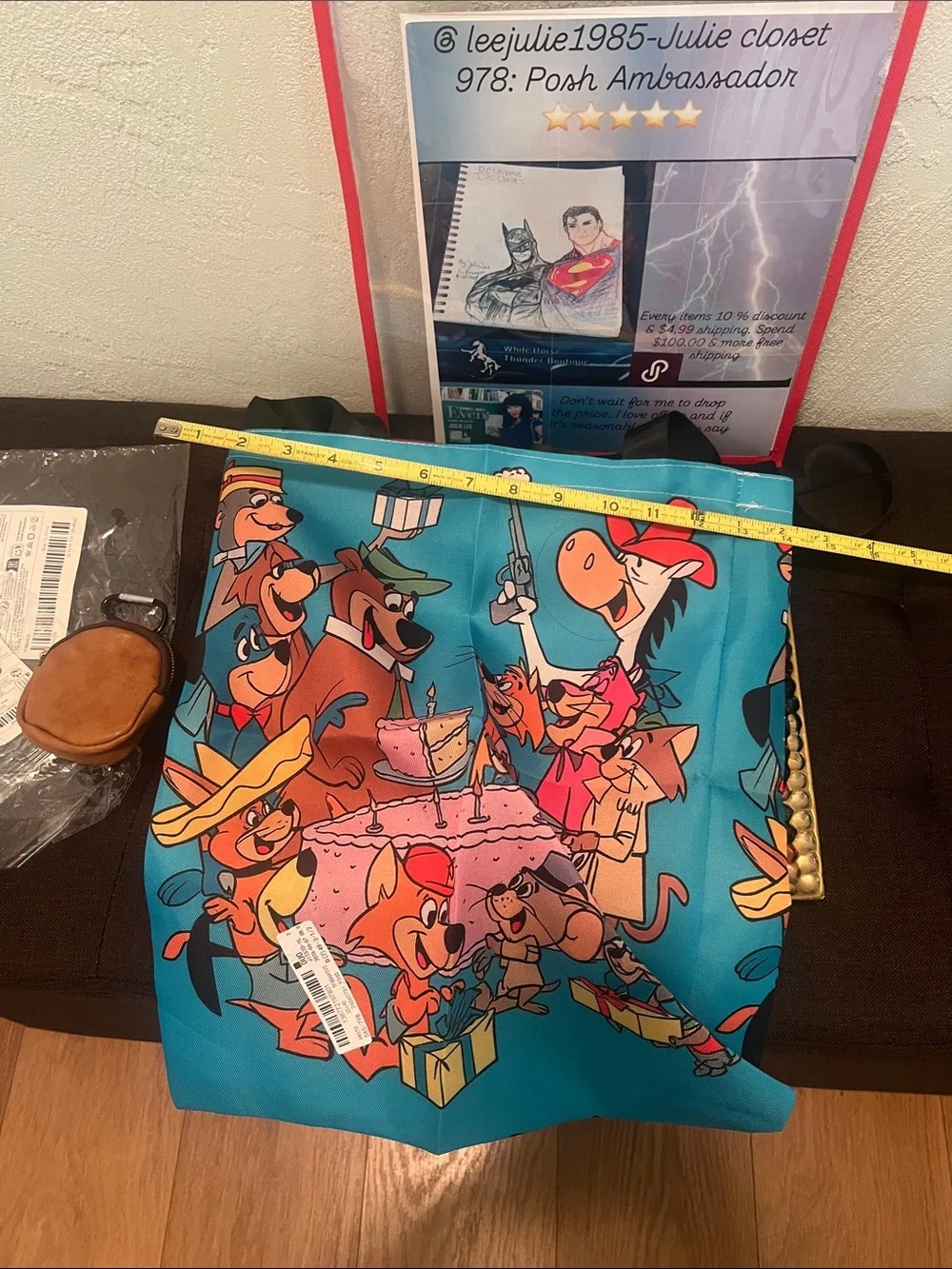 #2410* Unisex’s Blue Cartoon-Print Tote Bag with Brown Coin Pouch